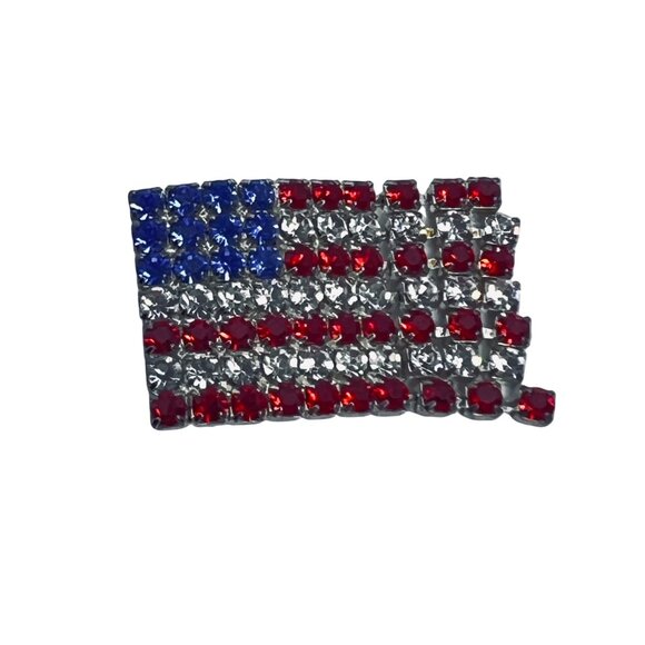 Silver Tone With Red, Clear And Blue Rhinestones Articulating Flag Brooch (5588) - Picture 3 of 5